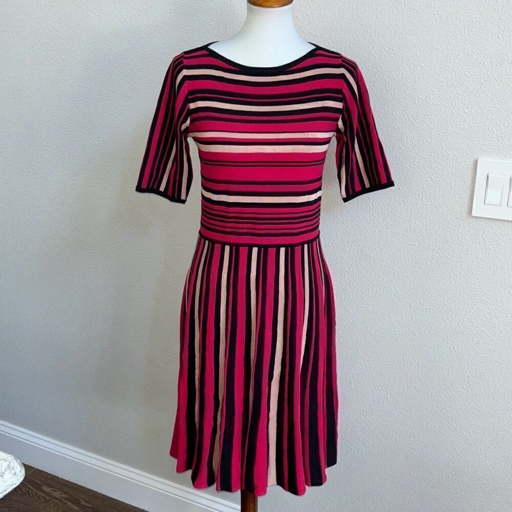 NWT Ann Taylor pink/tan/black striped knit dress Sz S